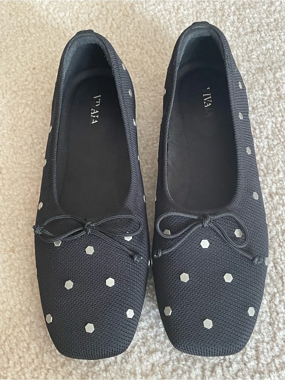 VIVAIA Margaret Square Toe Ballet Flats Black Studded Bow Size 39 US 8